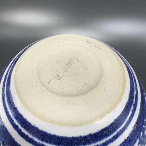 Vintage Hand Made Stoneware Pottery Dish Bowl Hand Glazed Blue Sponge ware Bowl - Picture 6 of 15